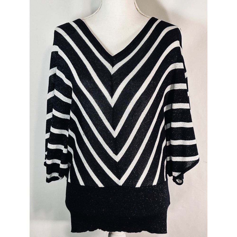 Jennifer Lopez Womens Metallic Chevron‎ Stripe Batwing Sleeve V-Neck Sweater XS